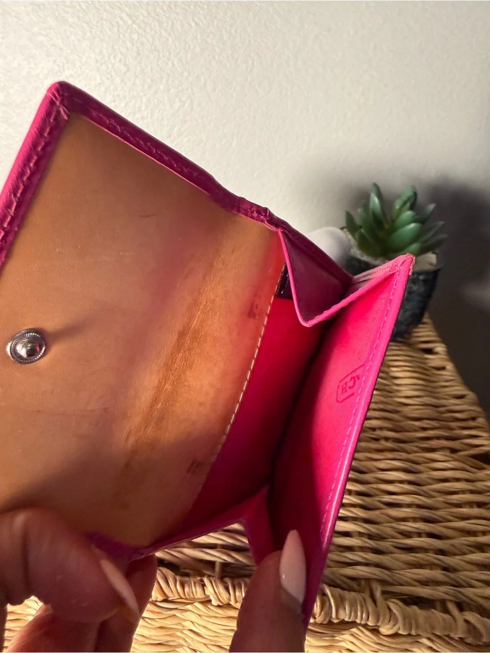Vintage Coach Pink Signature Canvas Compact Wallet with Stripe Detail